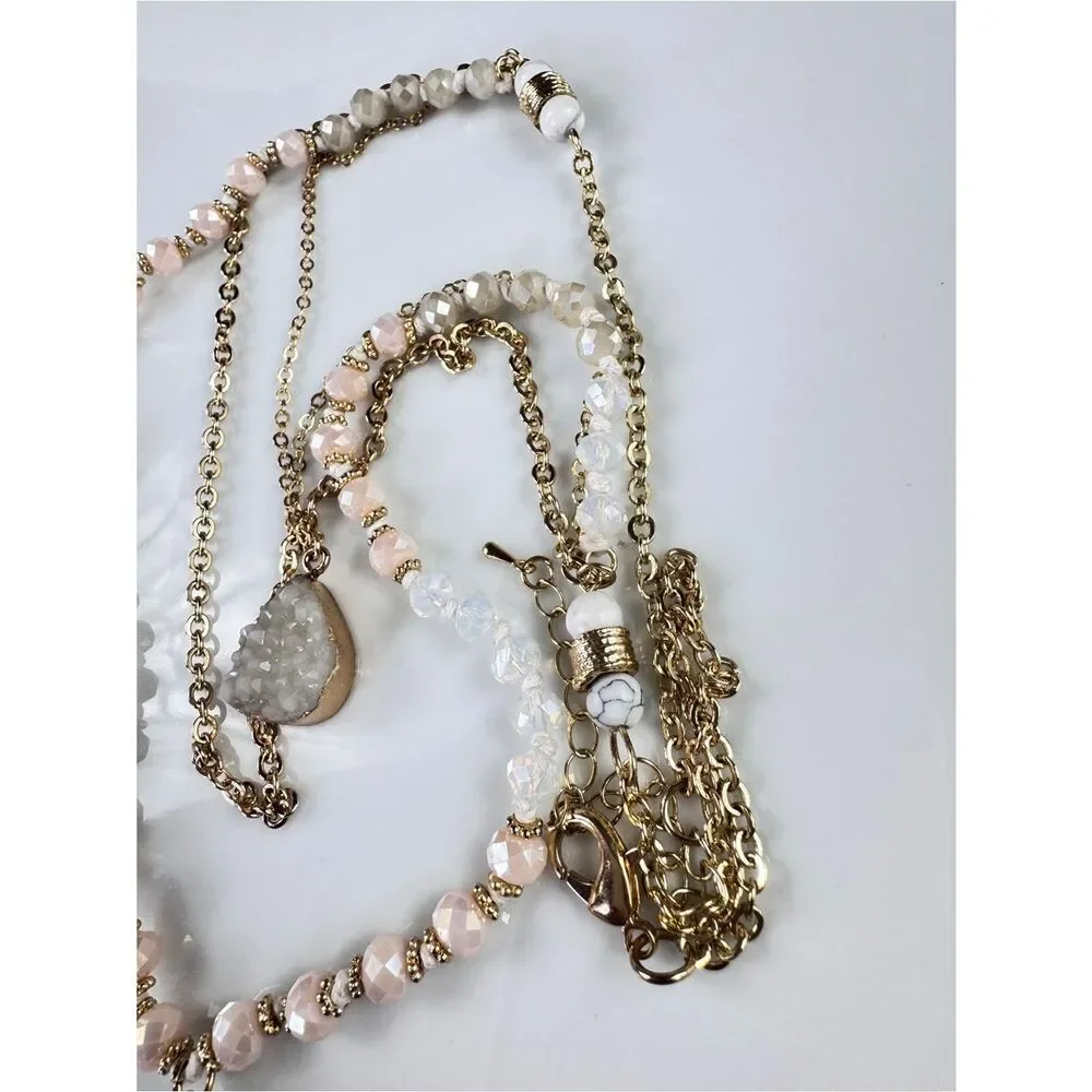 Gold-Tone Layered Necklace with Pink Beads and White Marbled Teardrop Pendant